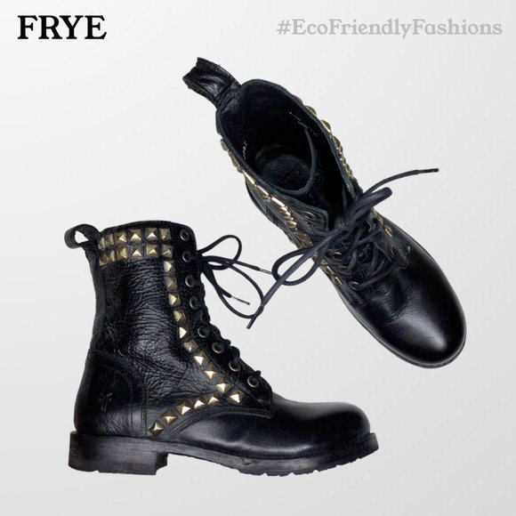 Frye Rogan Womens Black Leather Studded Combat Lace Up Heeled